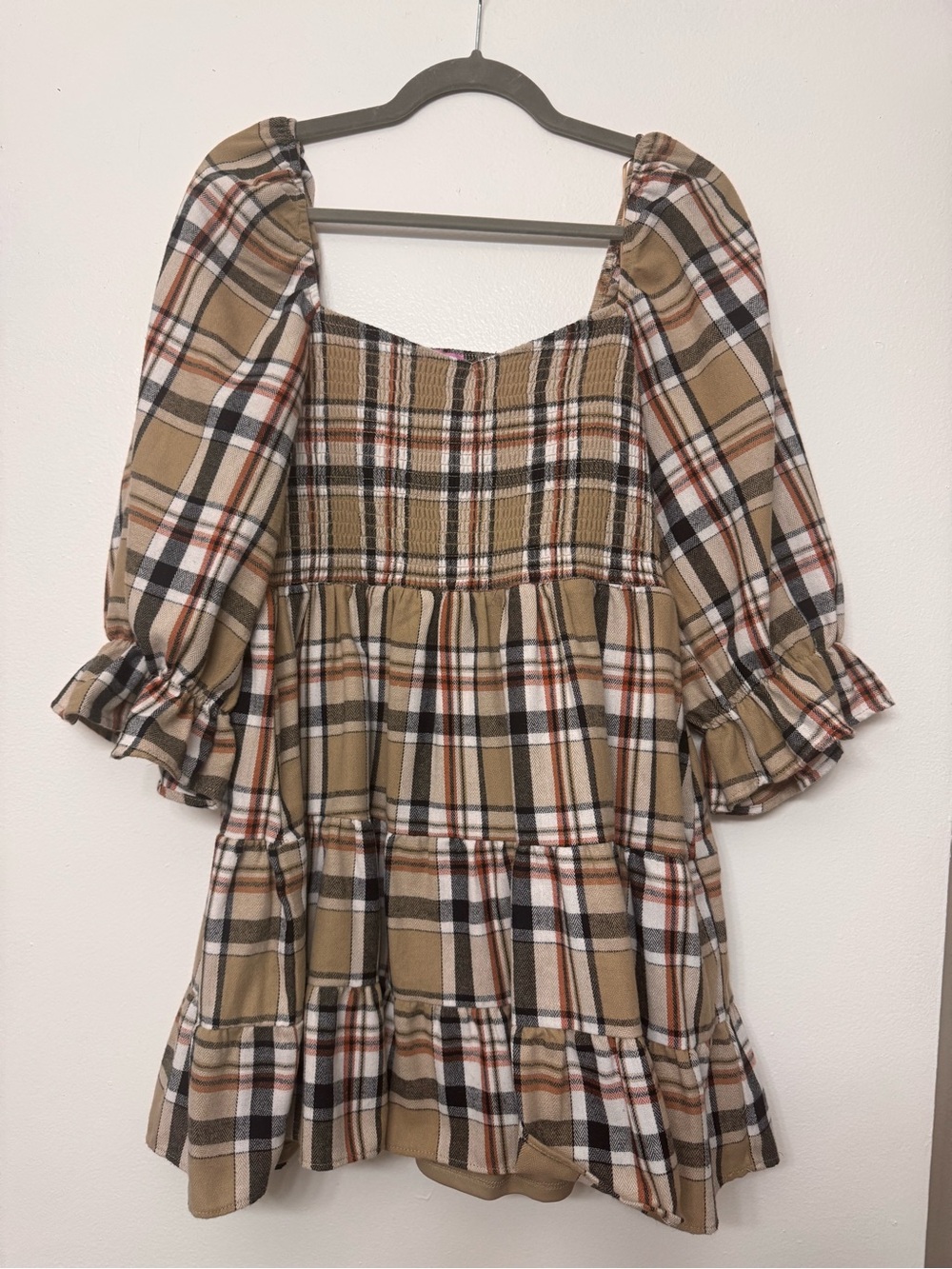 <miami> Tan Plaid Smocked Tiered Dress